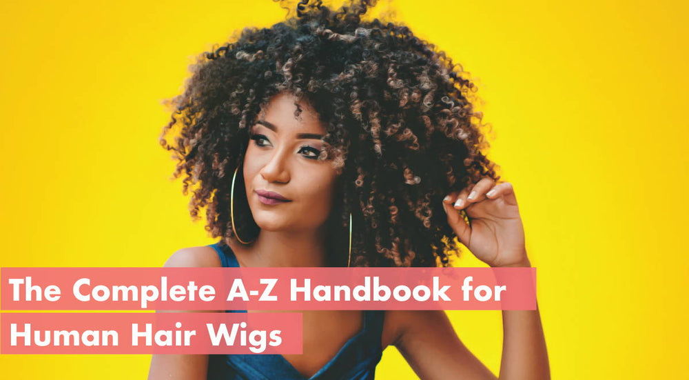Woman with curly hair against a yellow background, promoting a wig handbook.