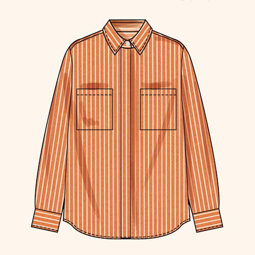 Striped orange long-sleeve shirt with two chest pockets.