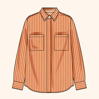 Striped orange long-sleeve shirt with two chest pockets.
