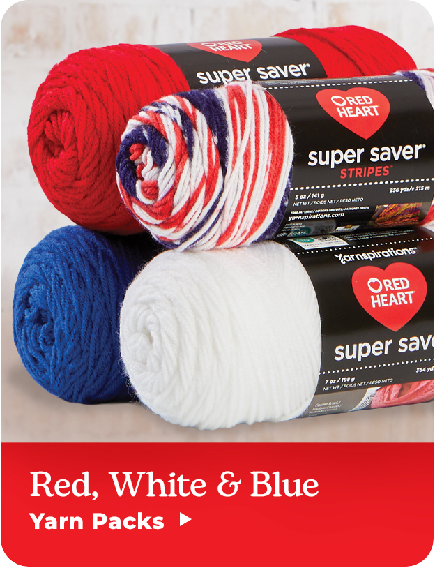 Three yarn packs in red, white, and blue colors.