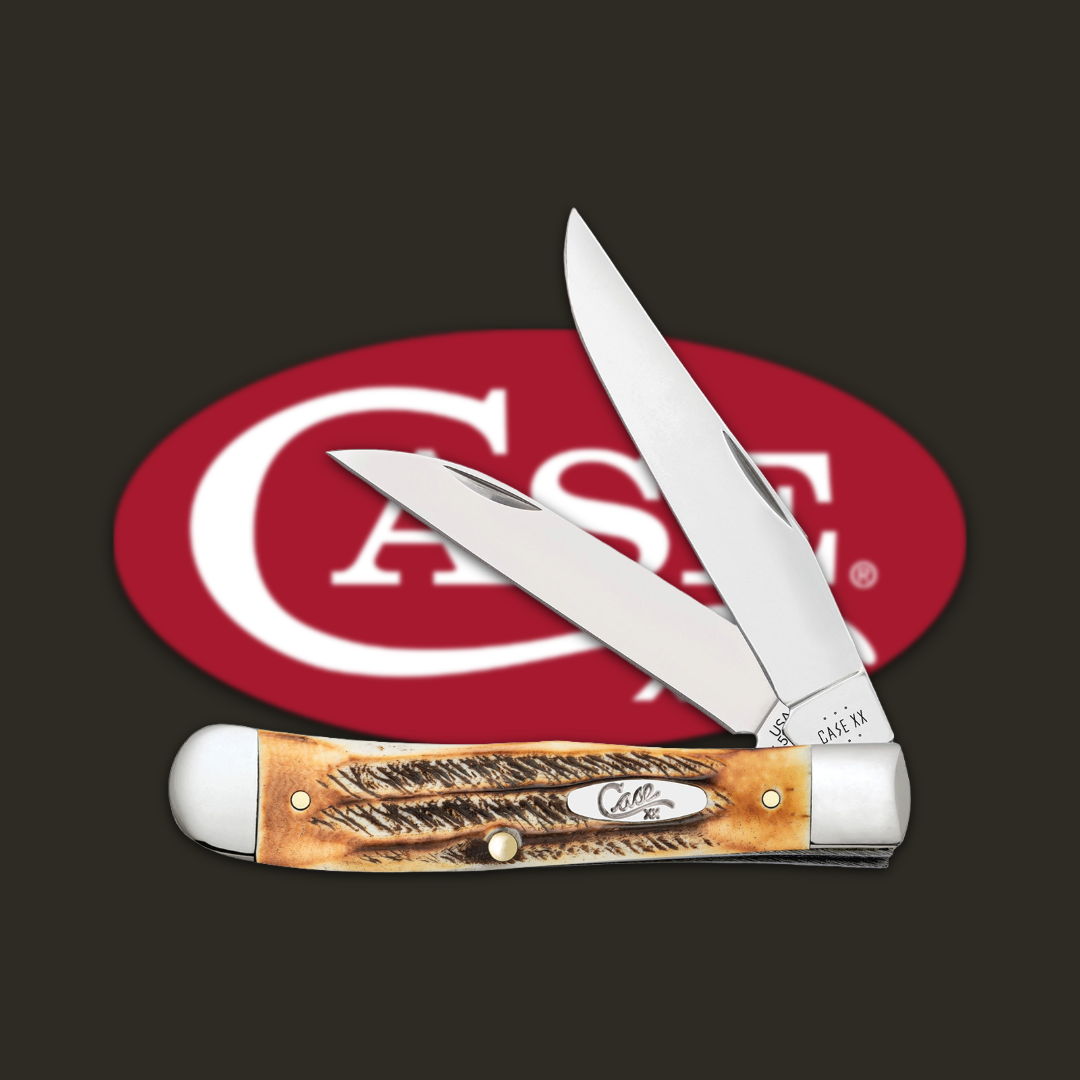 A folding knife with two blades and a CASE logo.