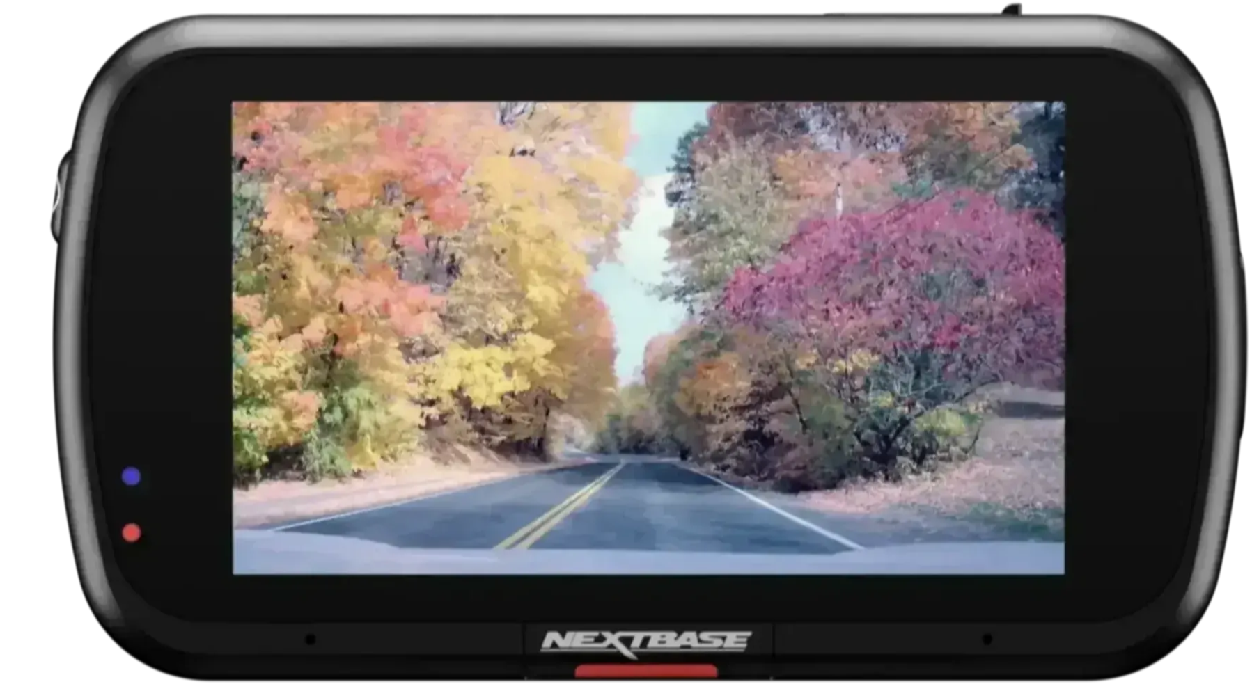 A GPS device displaying a scenic autumn road surrounded by colorful trees.