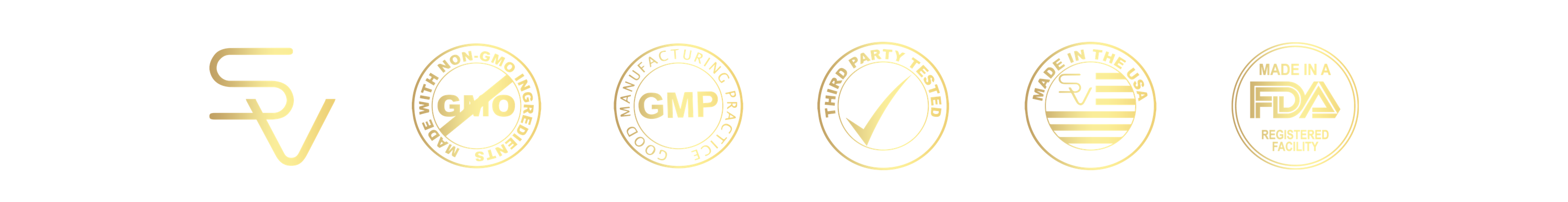 non gmo logo, GMP logo, third party tested logo, made in the USA, FDA approved.