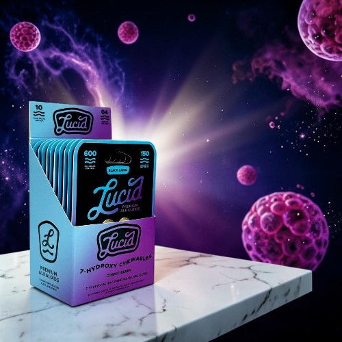 Box of Lucid products against a cosmic background with pink and purple elements.