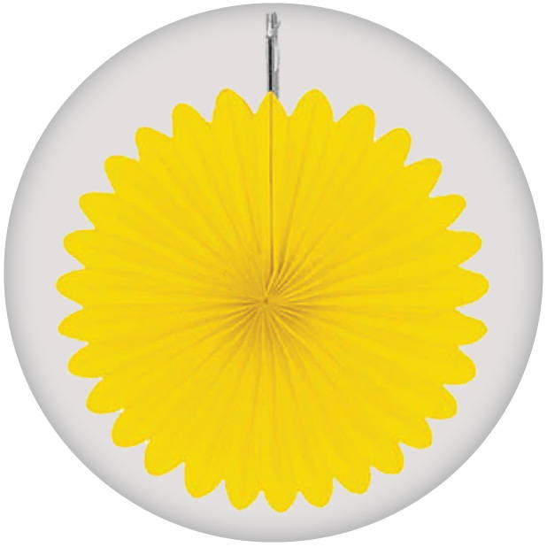 Image of hanging yellow paper fan decoration. Shop all yellow decorations.