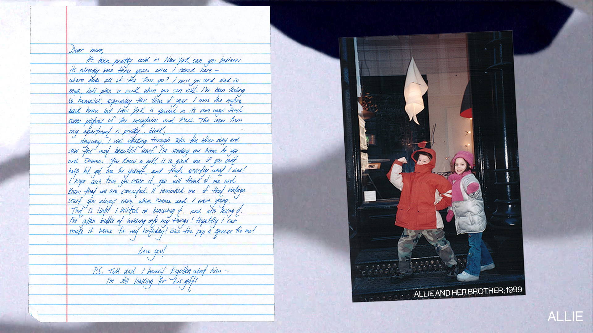 photo collage of letter and photo of two children by storefront