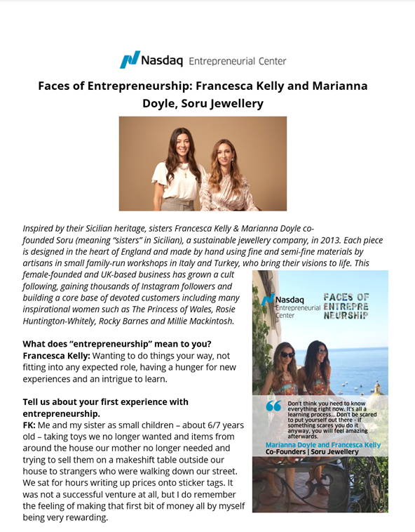 SORU JEWELLERY FOUNDERS FRANCESCA KELLY AND MARIANNA DOYLE INTERVIEW WITH NASDEQ ONLINE