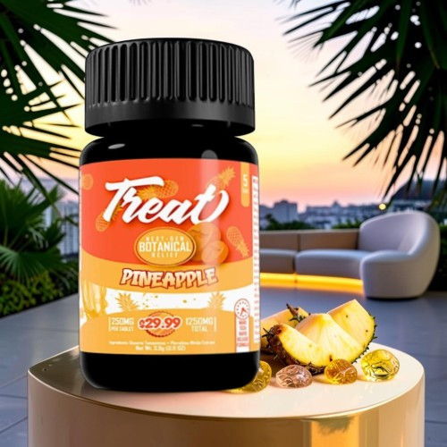 Bottle of pineapple-flavored supplement with sunset background and tropical plants.