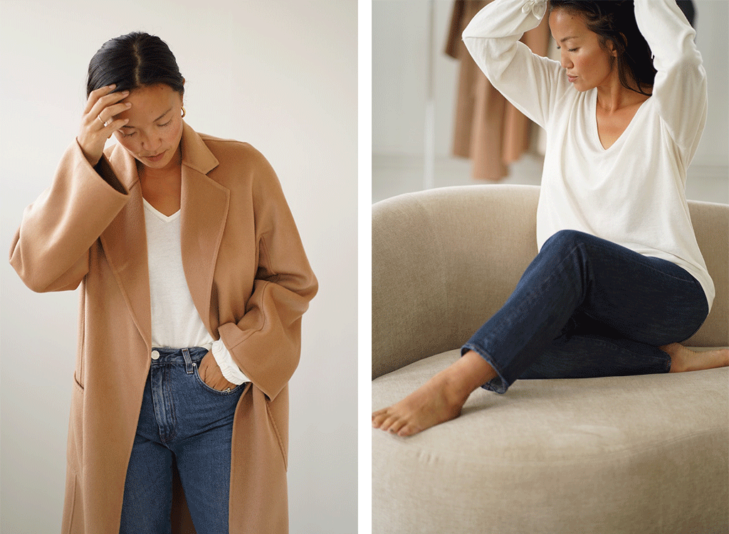 Image 1: Nicola in the Ada Long Sleeve Knitted Top in White, styled with a brown coat and blue jeans. Image 2: Nicola wearing the Ada Long Sleeve Knitted Top with denim jeans.