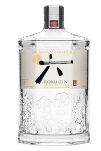A bottle of Roku Gin with a decorative label.