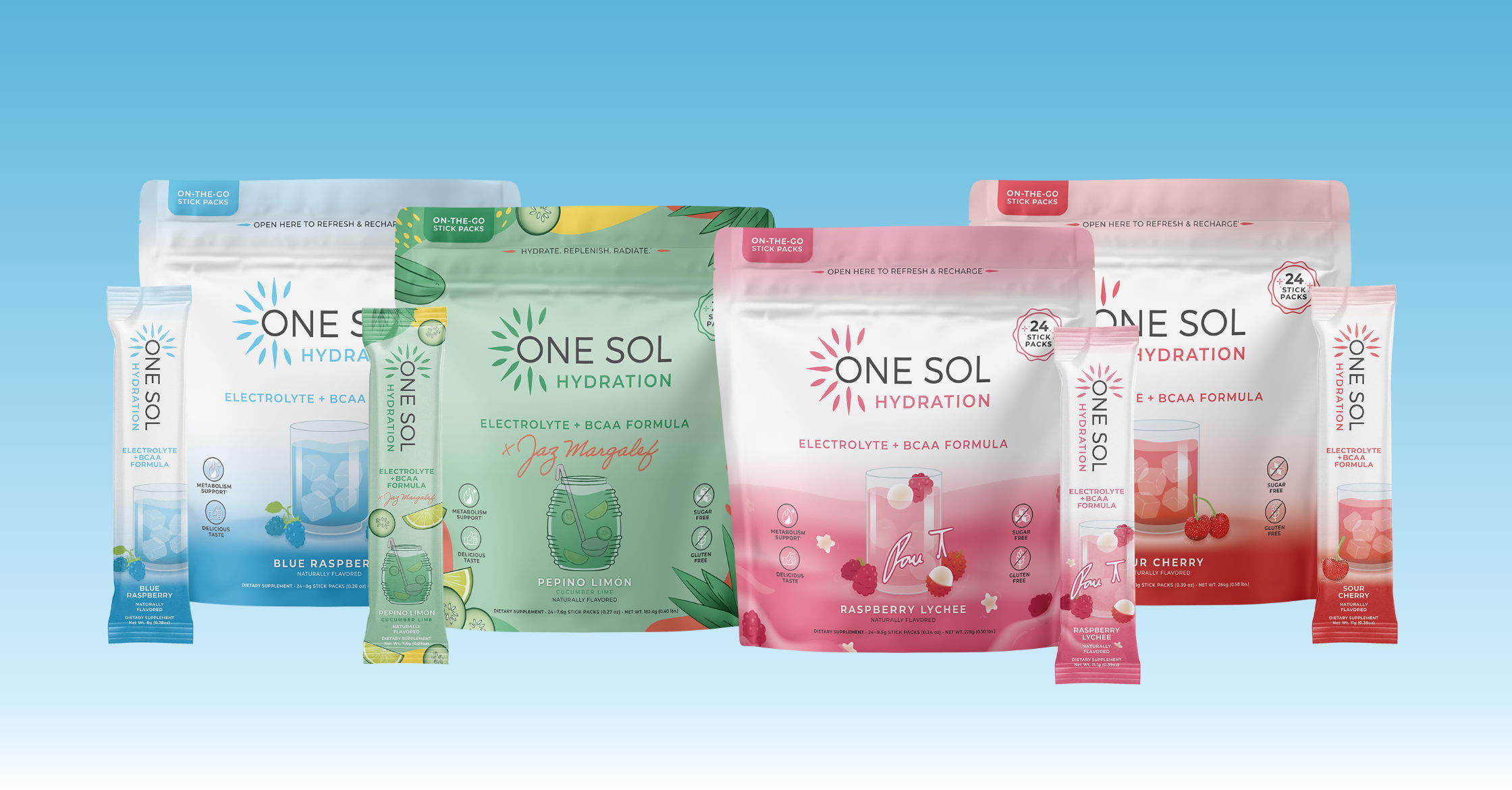 Four packets of One Sol Hydration against a blue background.