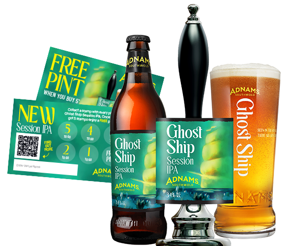 Beer bottles, glass, pump, and promotional cards for Ghost Ship ale.