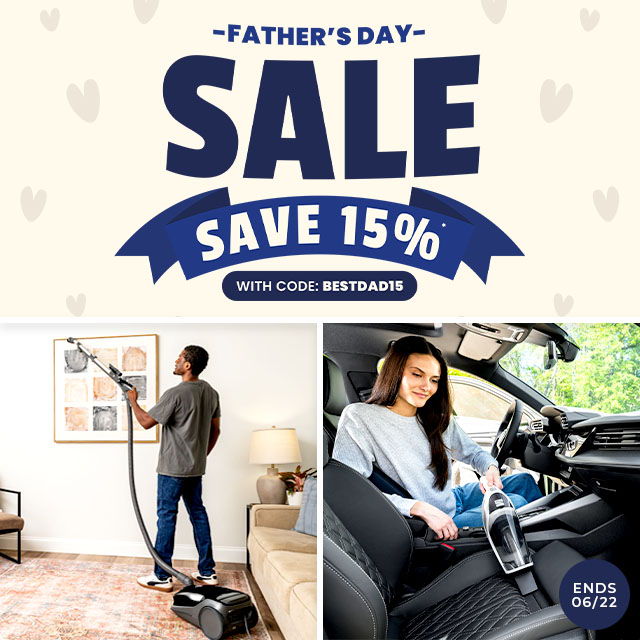 Father's Day sale, save 15% with code, featuring cleaning products in use.