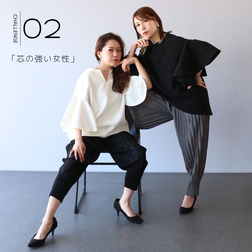 Two women modeling stylish outfits, one in white and the other in black.
