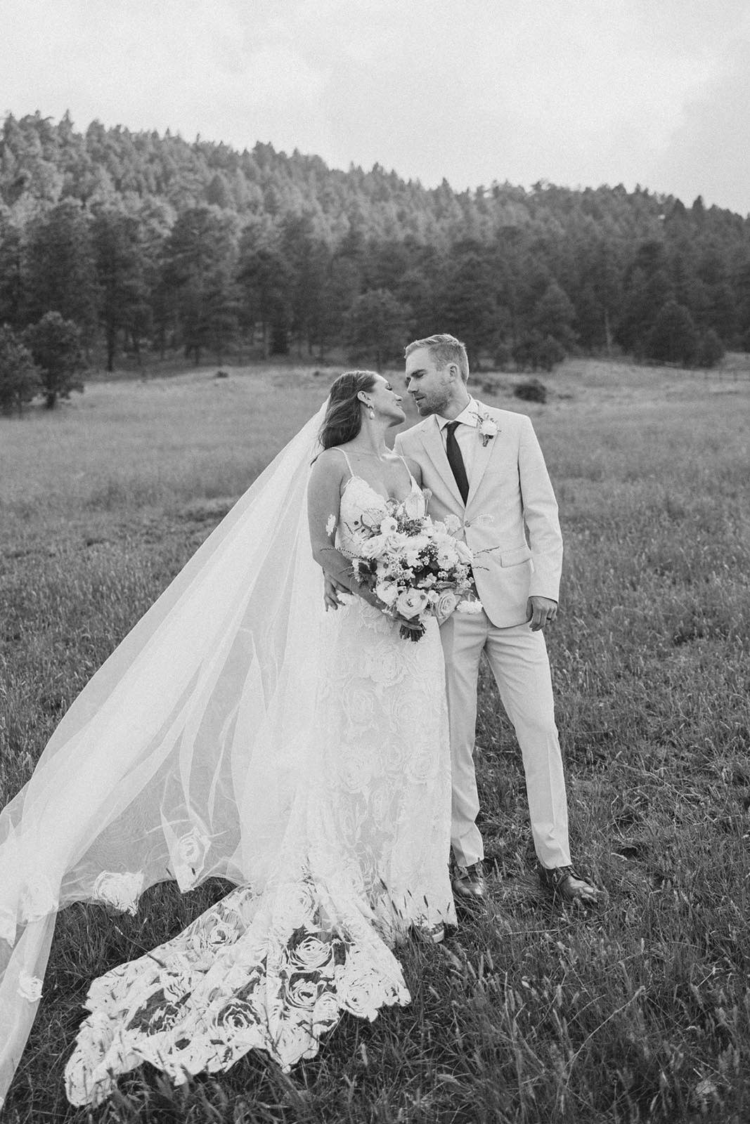 Bride and groom, with a backdrop of Evergreen, Colorado
