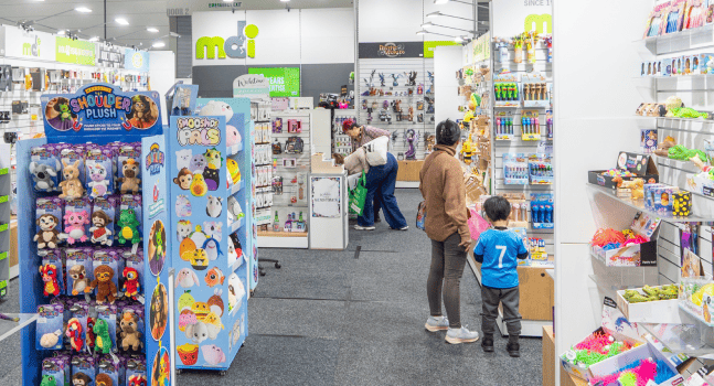A toy store aisle with parents and children browsing products.