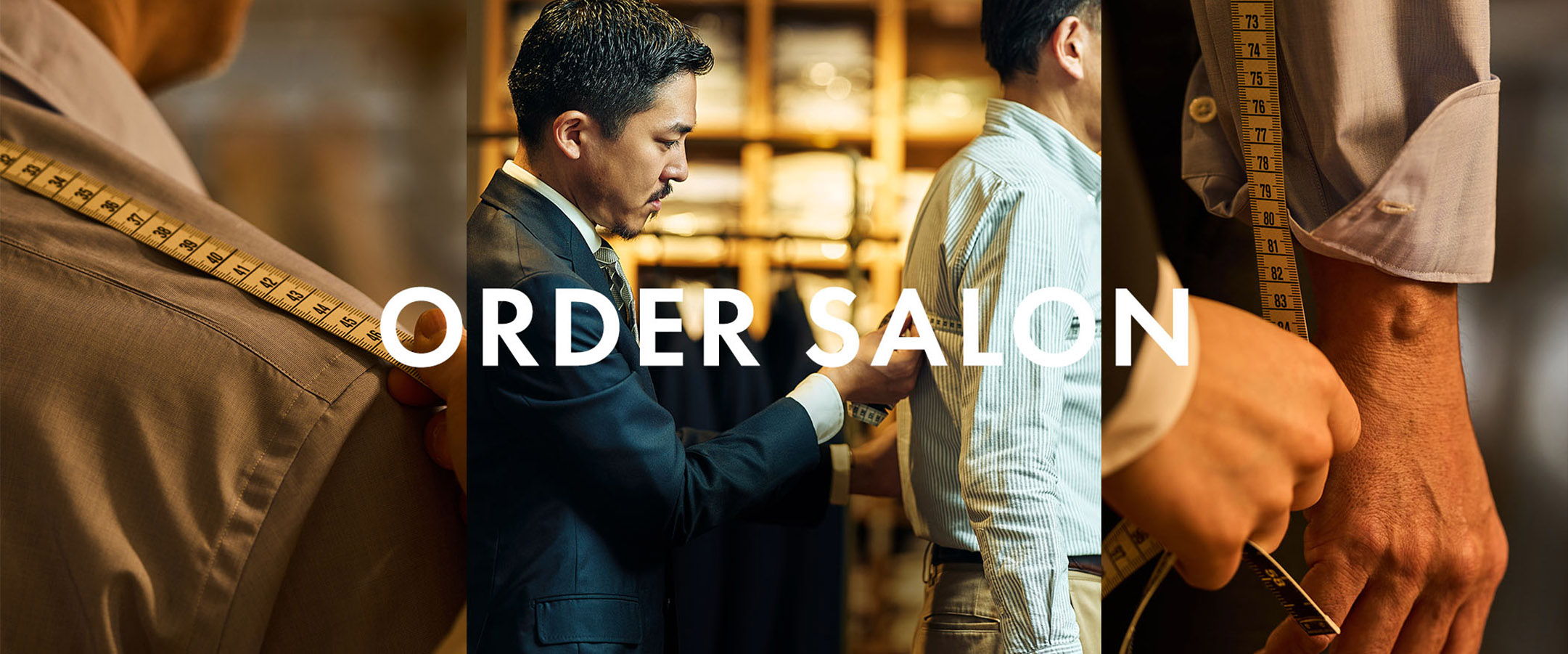 A tailor fitting a suit in a salon setting. Text: 