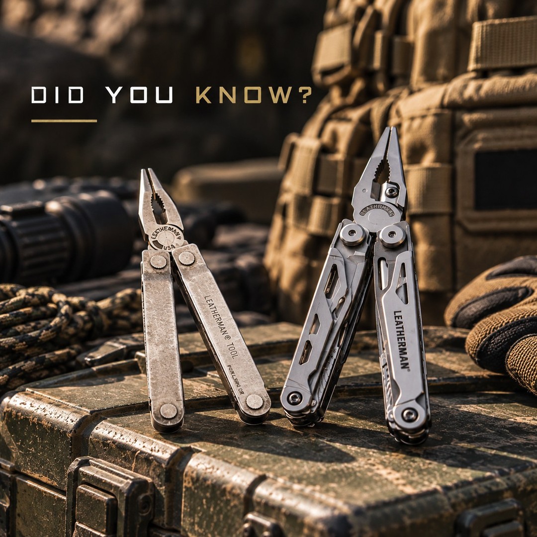 Two multi-tools displayed on a textured surface with military gear in background.