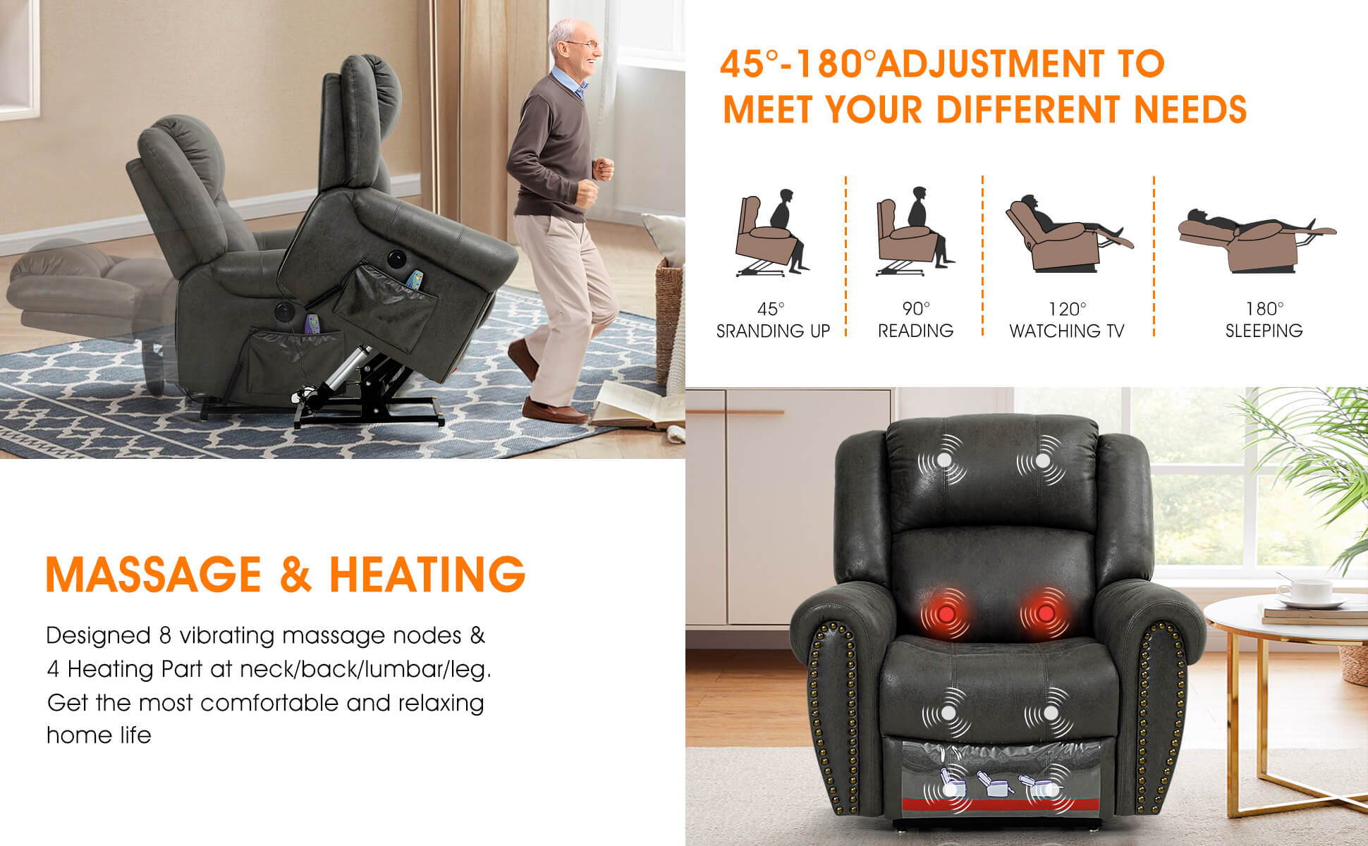 Asjmreye Infinite Position Lift Liegestuhl mit Niete, Massage und Heizung, Antrieb durch Doppelmotor, Stoff