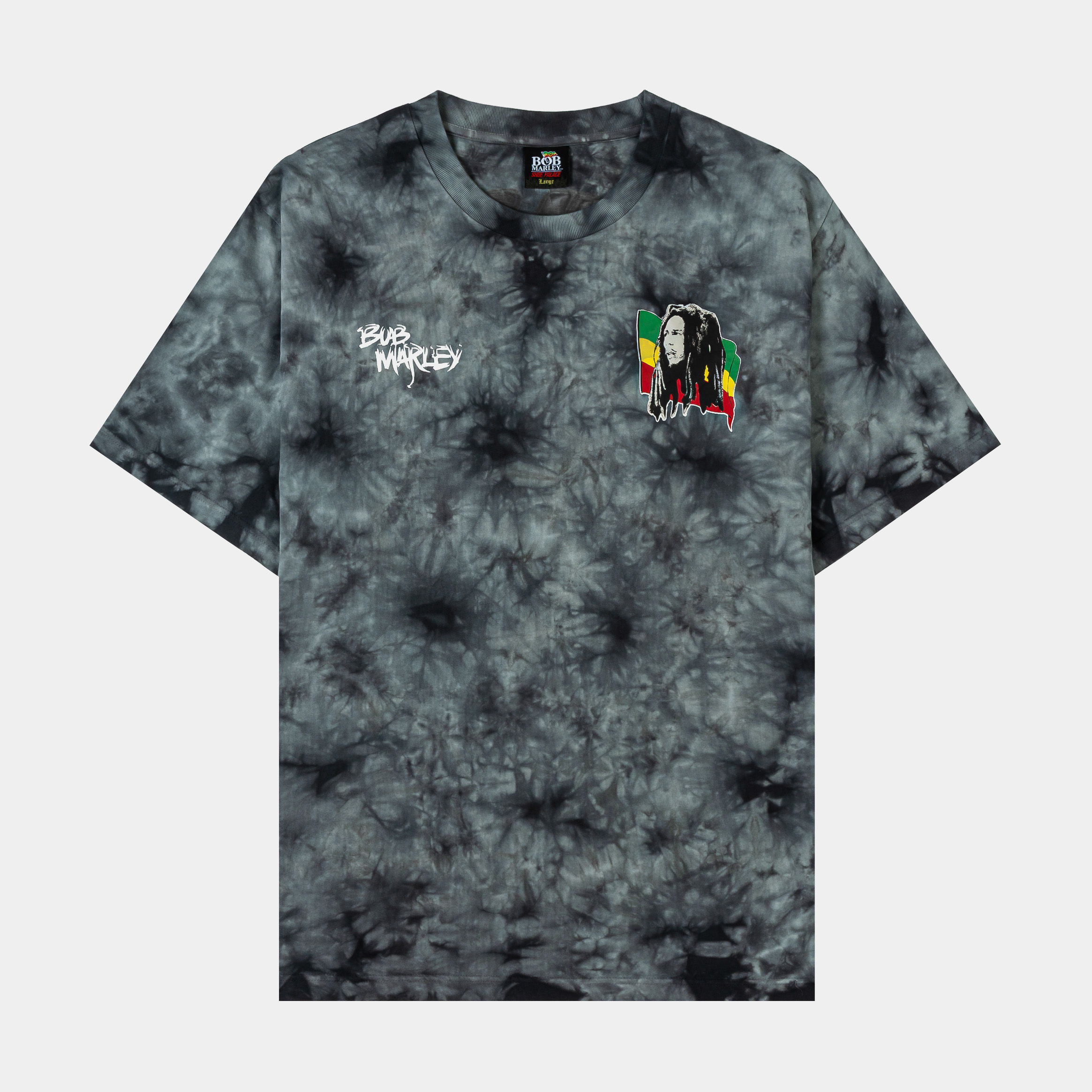 Gray tie-dye t-shirt with colorful graphic and text.