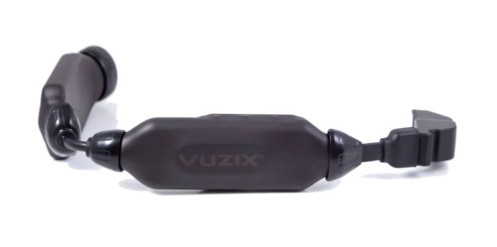 Side view of lightweight Vuzix Smart Swim headworn computer with Bluetooth, Wi-Fi, and long-lasting battery.
