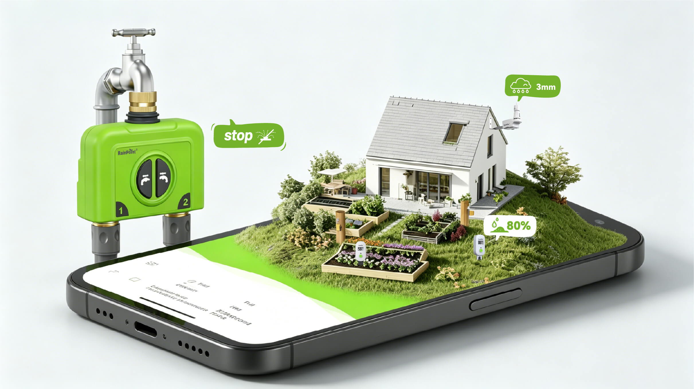 A smartphone displaying a miniature house and garden with a water faucet.