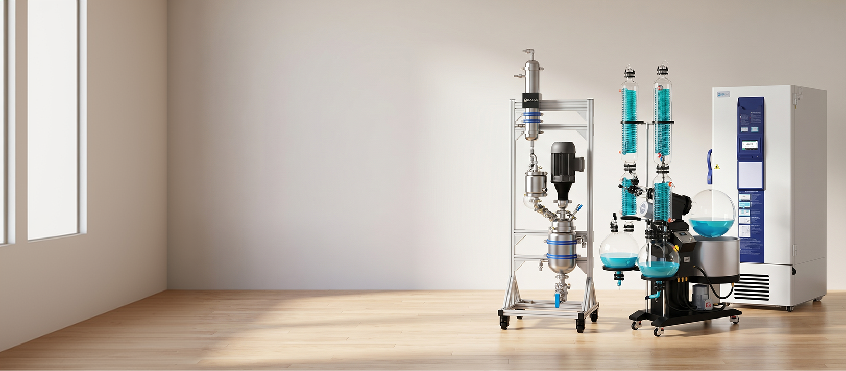 USA Lab academic laboratory with rotary evaporator, distillation glassware, and incubator