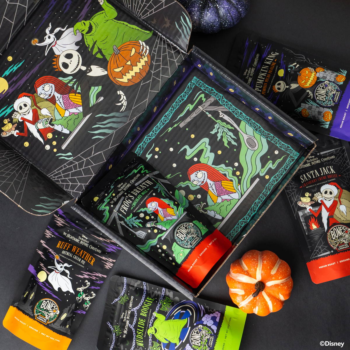 The Collector's Box inspired by Disney Tim Burton’s The Nightmare Before Christmas with 5 coffees in 4 oz bags. The names are Mudslide Boogie, Santa Jack, Ruff Weather, Frog's Breath, The Pumpkin King.