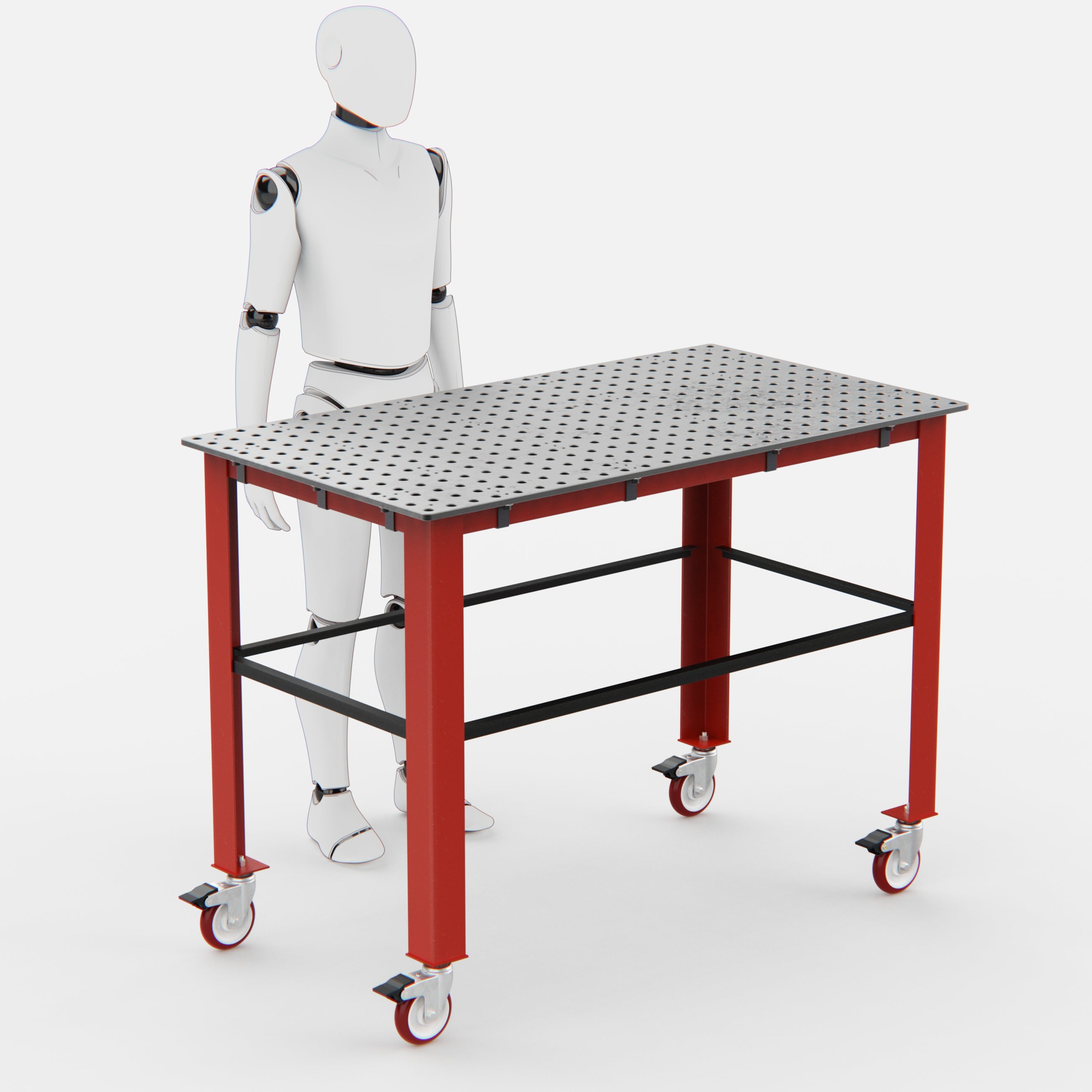 Red wheeled work table with a perforated metal top.