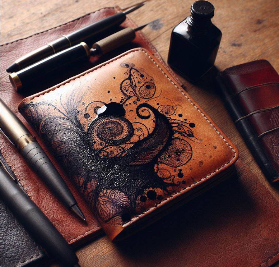 ink on a leather wallet