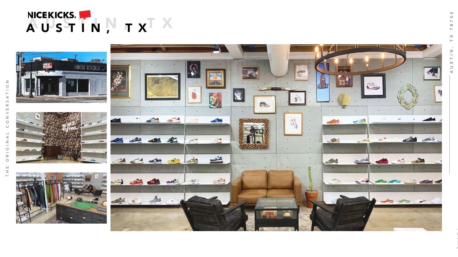 Interior of a store with shelves, seating, and framed artwork on walls.
