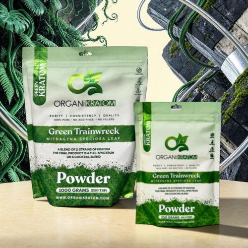 Two packages of Green Trainwreck powder on a stylized background.