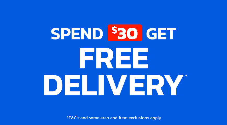 Spend $30 get free delivery promotion on blue background.