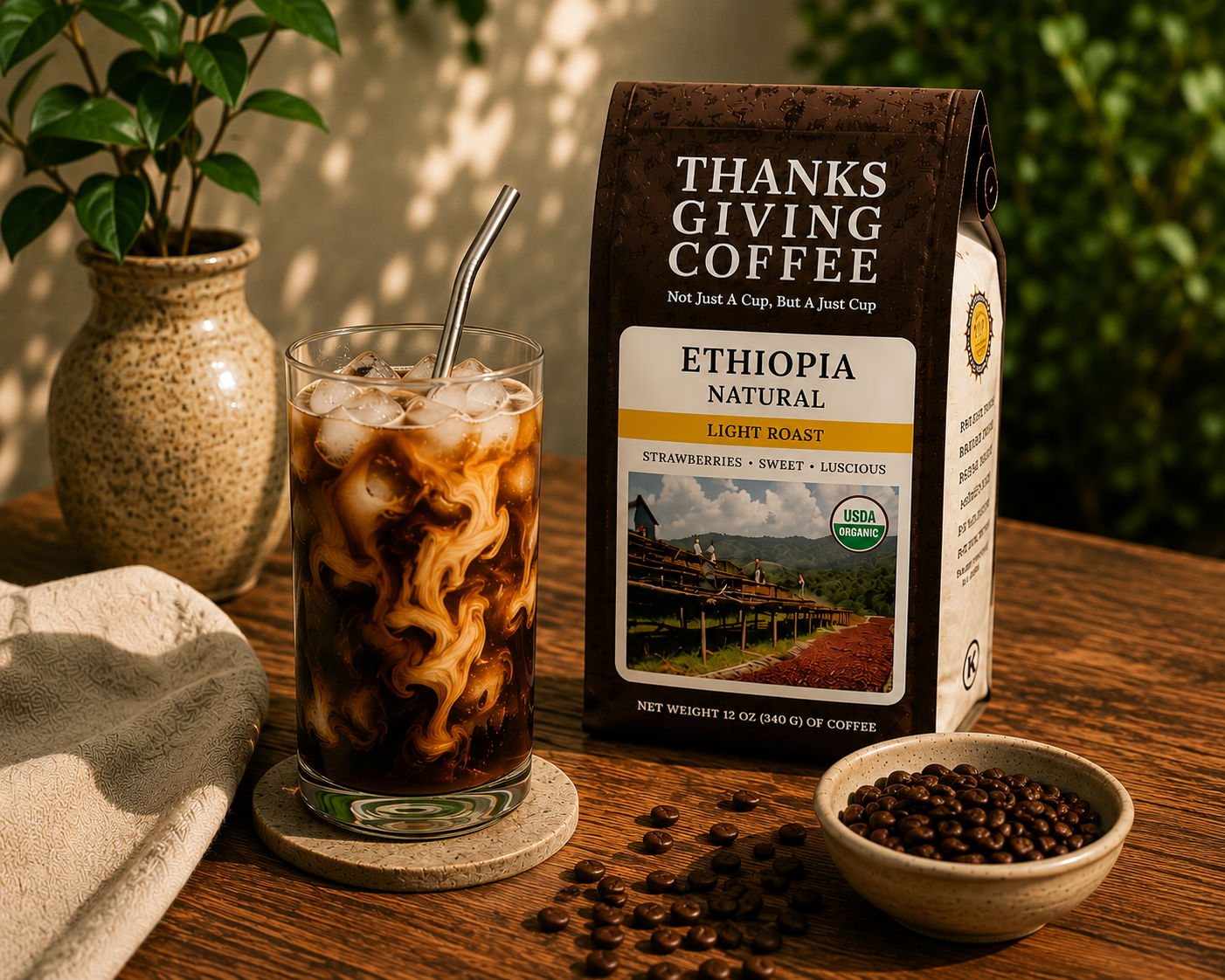 Iced coffee with coffee beans and a package of Ethiopian coffee on a table.