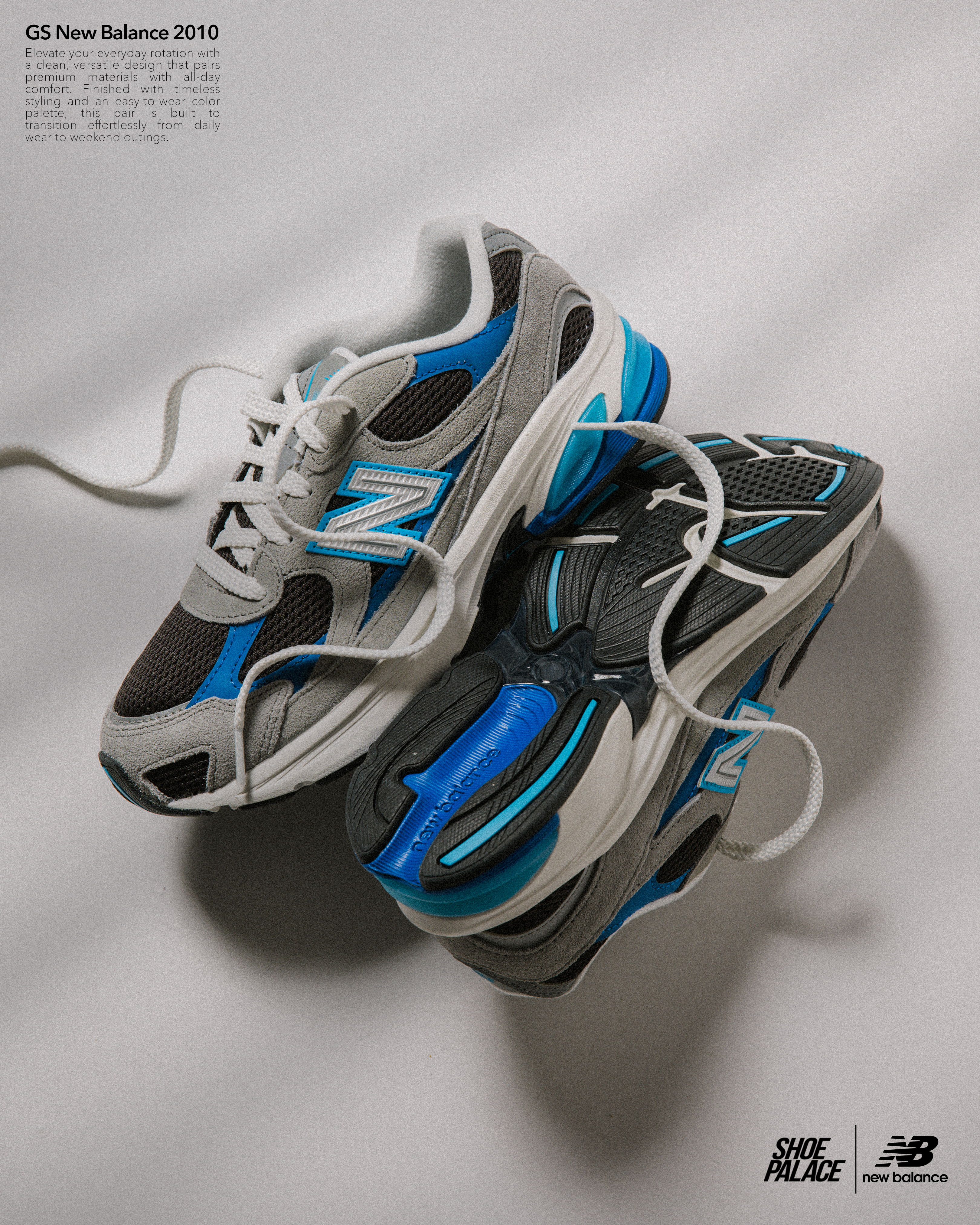 A pair of New Balance sneakers in gray and blue colors.