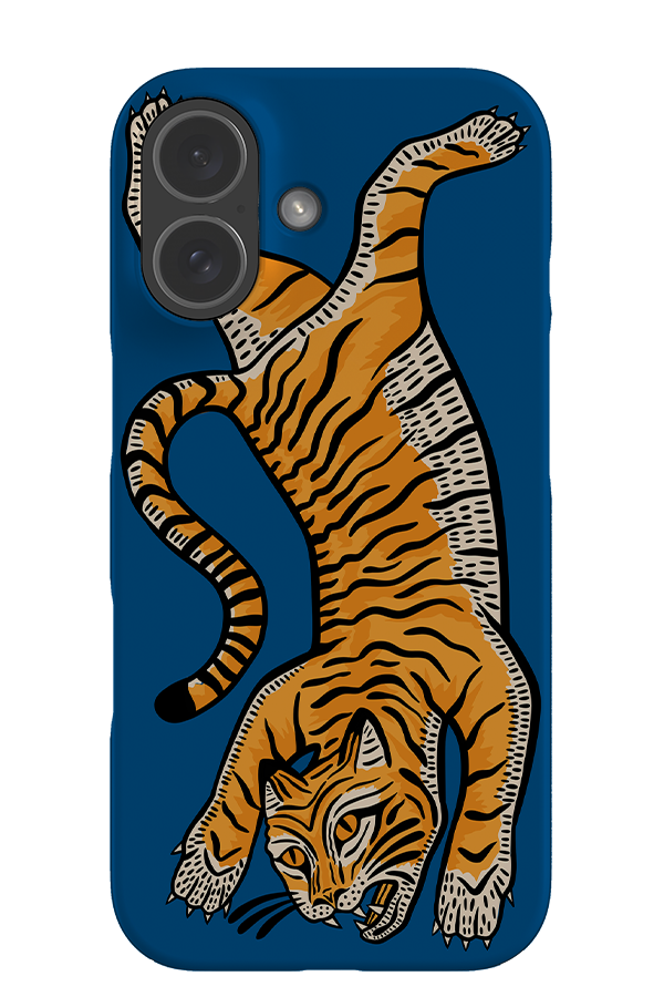Tiger Phone Case with a blue background and orange tiger illustration