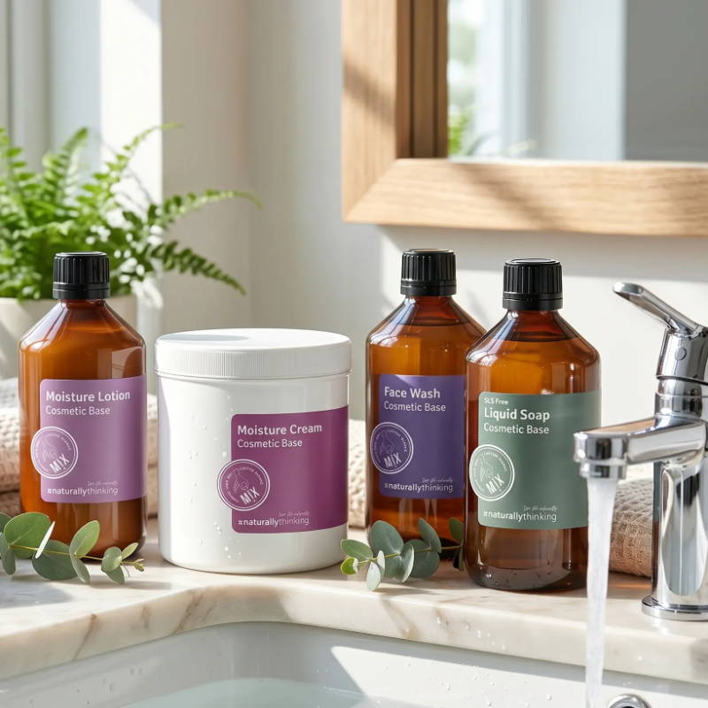 Bottles of bath products beside a sink with running water and plants.