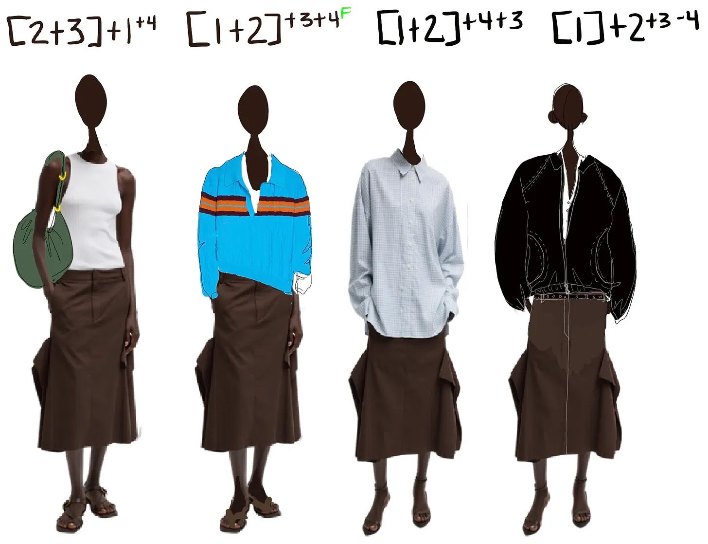Four stylized mannequins wearing different outfits with mathematical notations above.