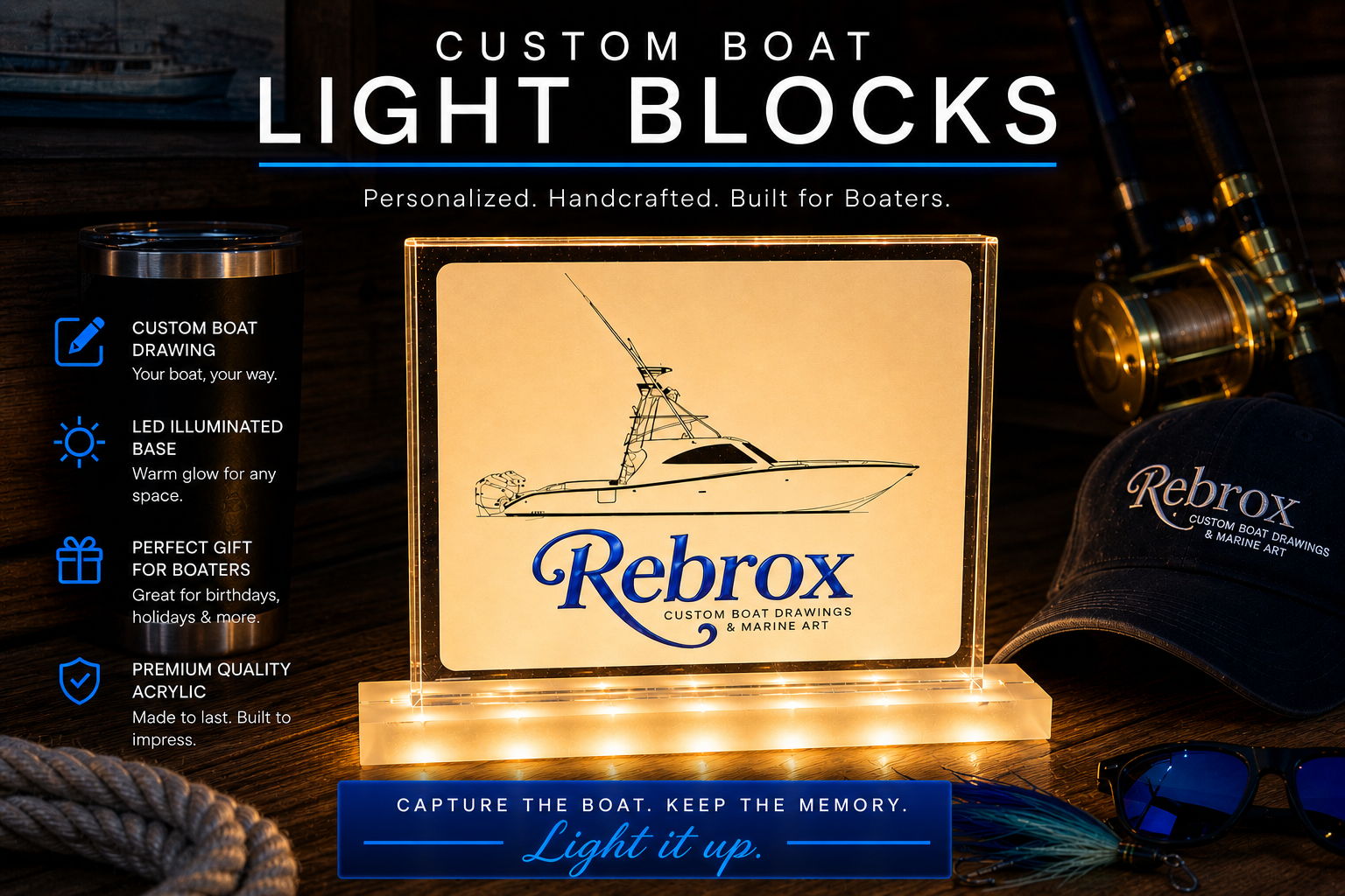 Custom LED boat light block with personalized sportfish boat drawing, nautical decor, and marine-themed lifestyle background.