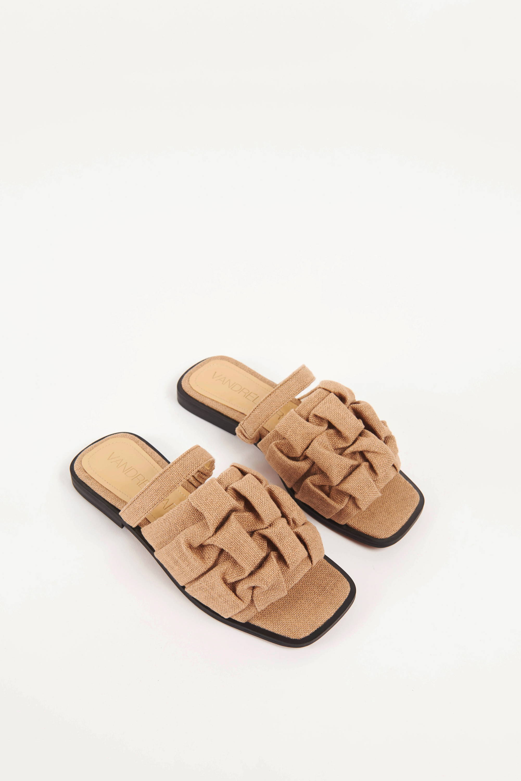 Vandrelaar vegan Simone sandal in sandy beige linen featuring canadian smocking detailing and a square toe