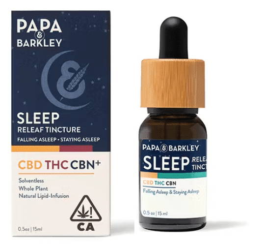 Bottle of papa barkley CBD THC CBN oil with container on white background