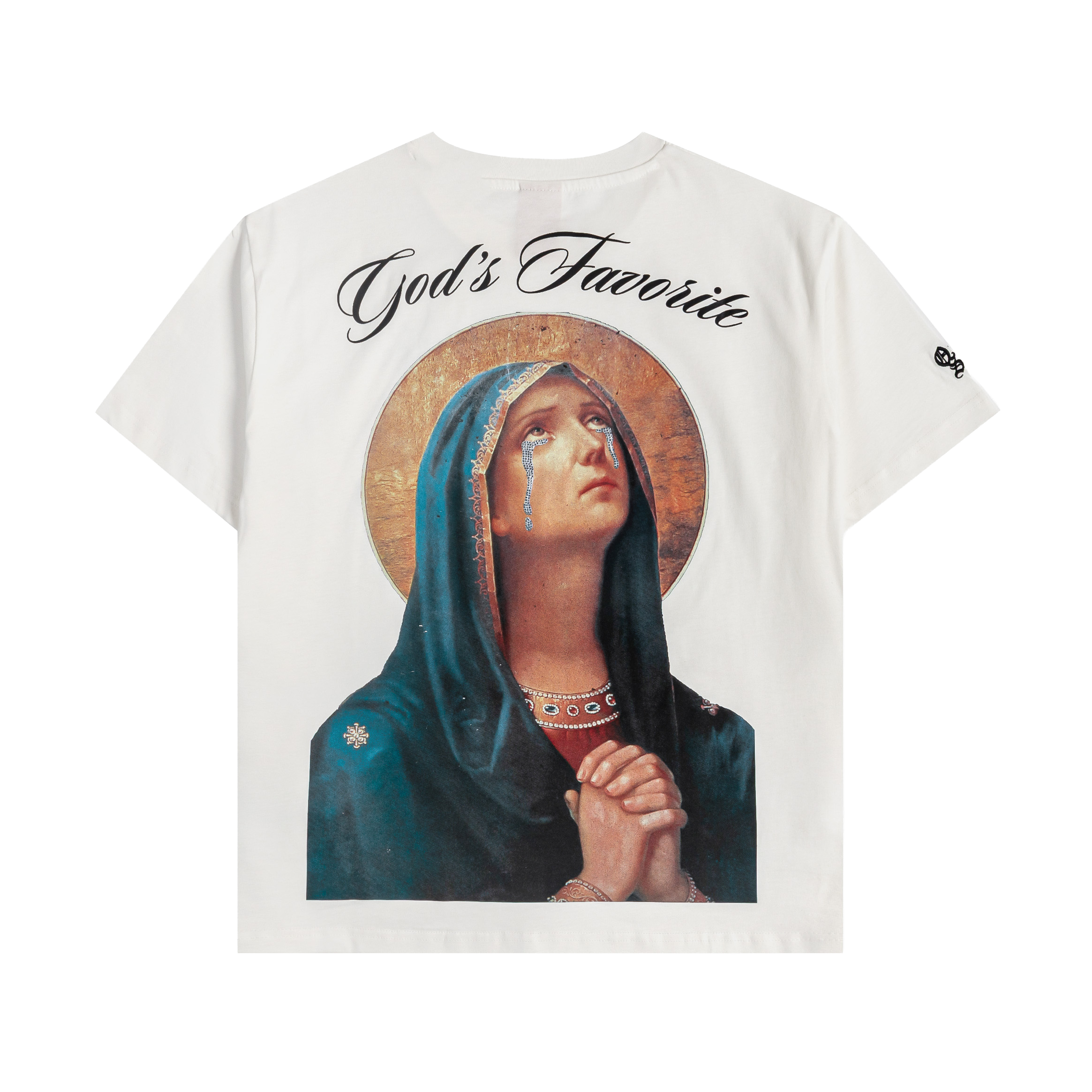 White t-shirt with a faded graphic and a decorative cross.