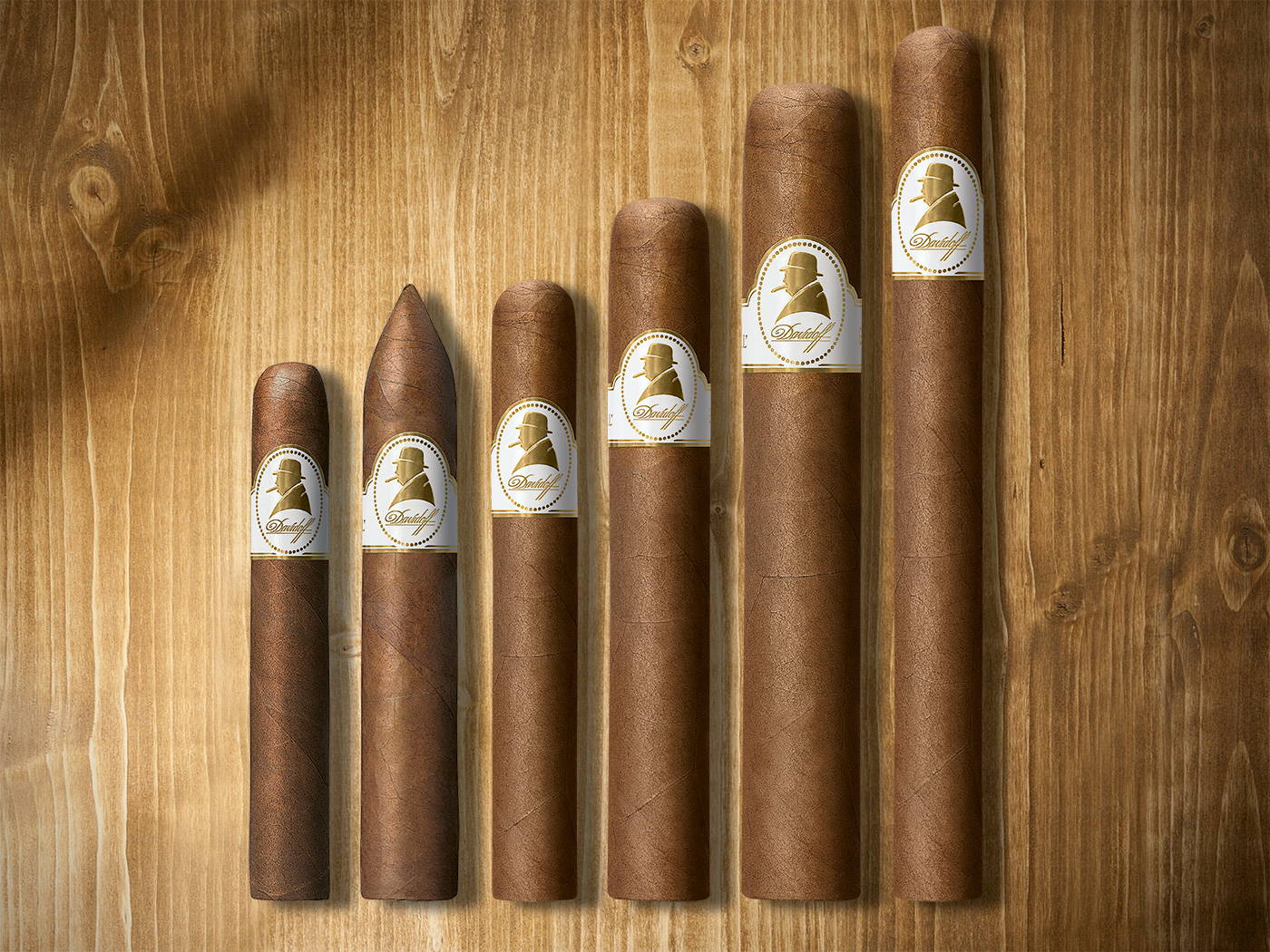 Die Zigarren der Davidoff Winston Churchill «The Original Series» nebeneinander aufgestellt. Von links: Petit Panetela, Belicoso, Petit Corona, Robusto, Toro, Churchill.
