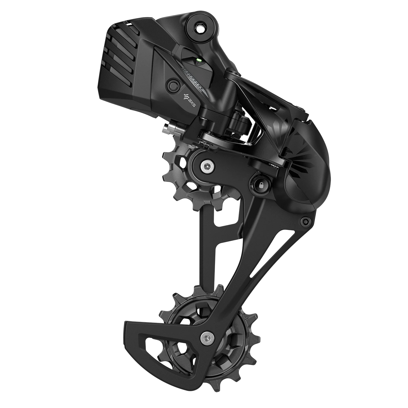 Black bicycle derailleur with gears and mechanical components.
