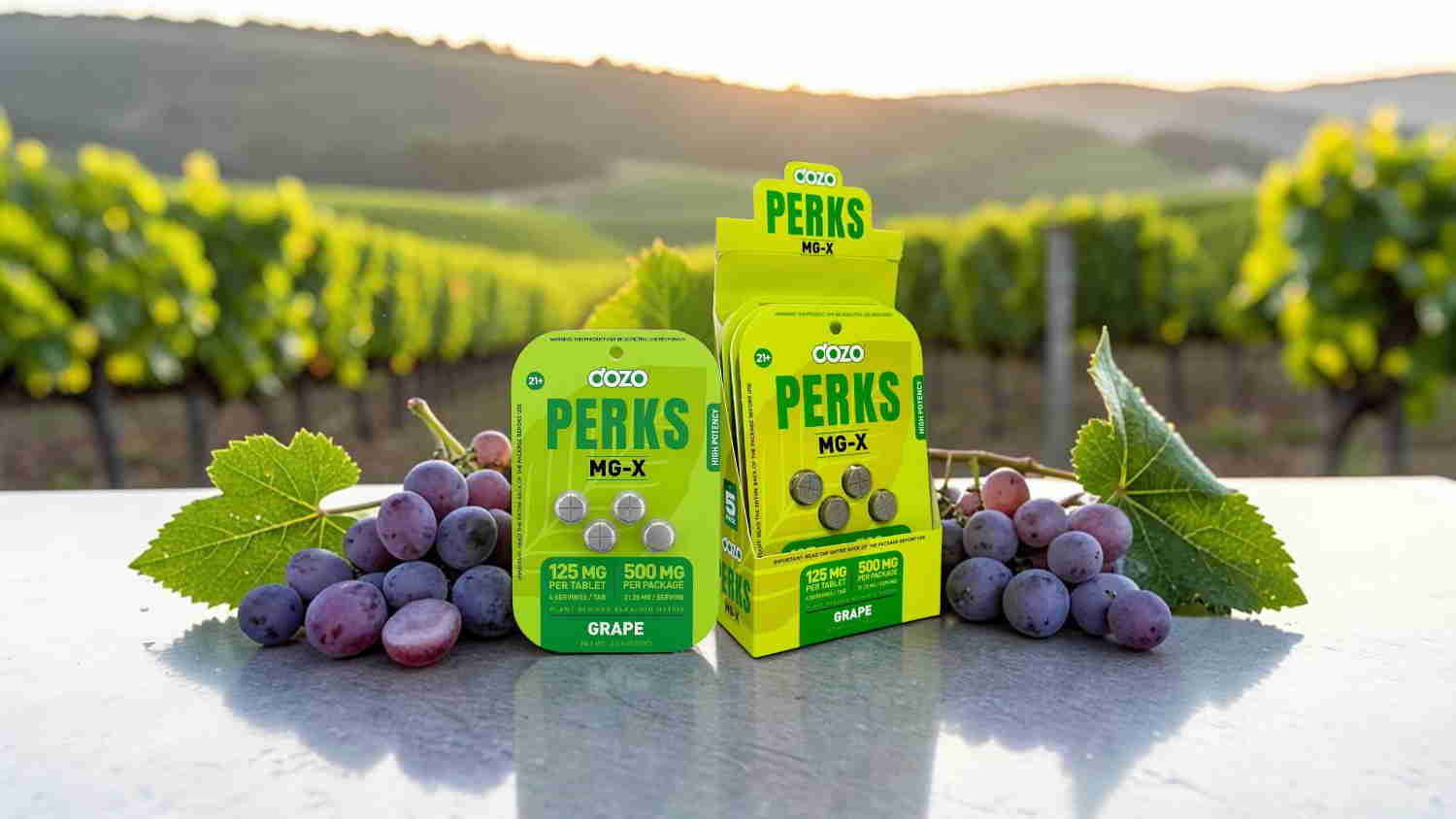 Two green juice boxes with grapes in a vineyard setting.