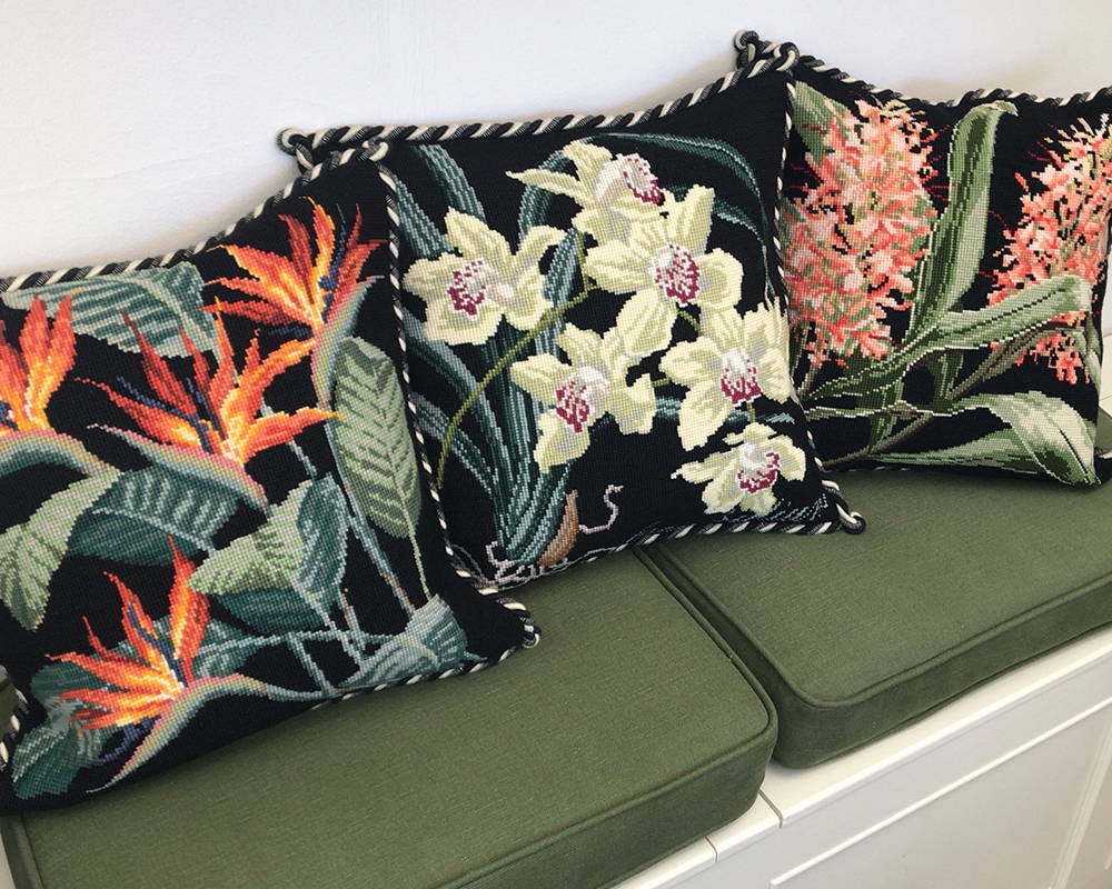 Finished exotic pillows on bench