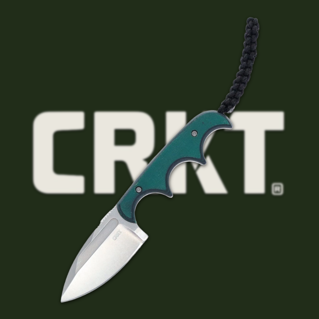 Knife with a green handle and a logo background.