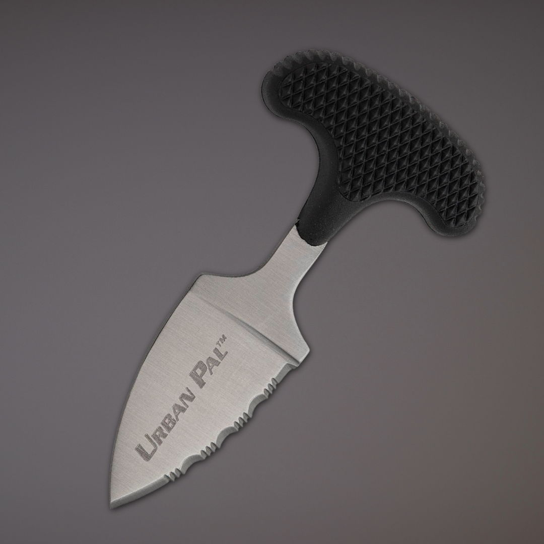 A kitchen knife with a textured black handle and a pointed blade.