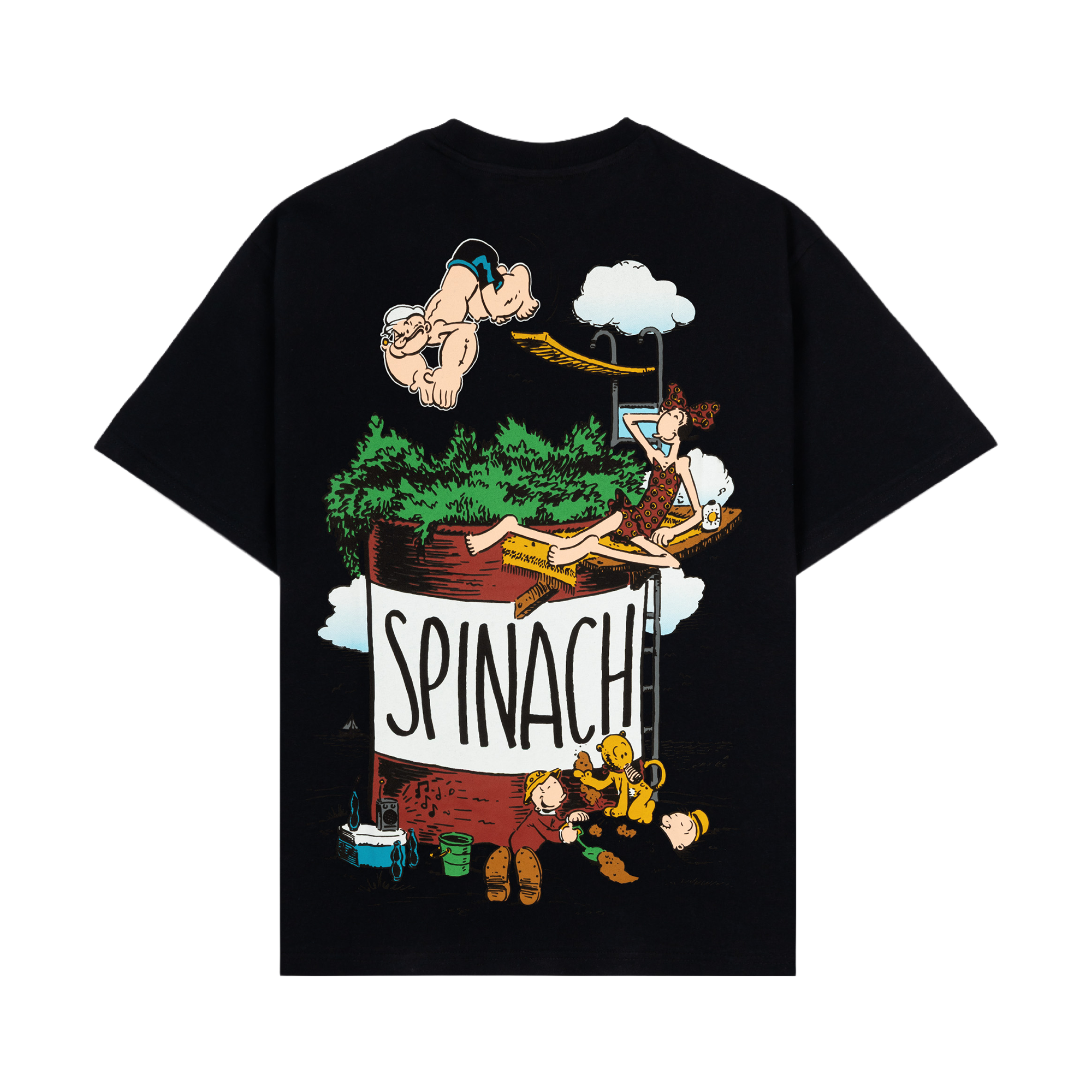 Black t-shirt featuring Popeye and characters with bold 