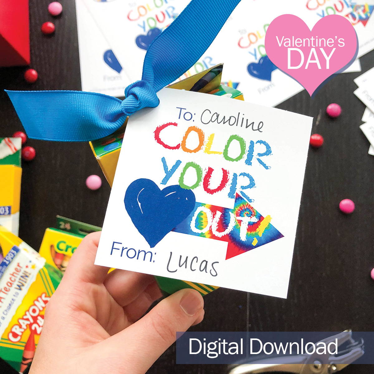 Color Your Heart Out Kid's Class Valentine Gift Tags Printable